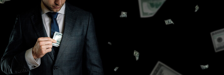 American cash. Business man hand holding dollar sign. Usd bill money falling banner.