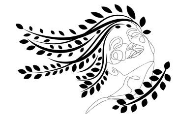 Woman smiles closed eyes and floral line art
