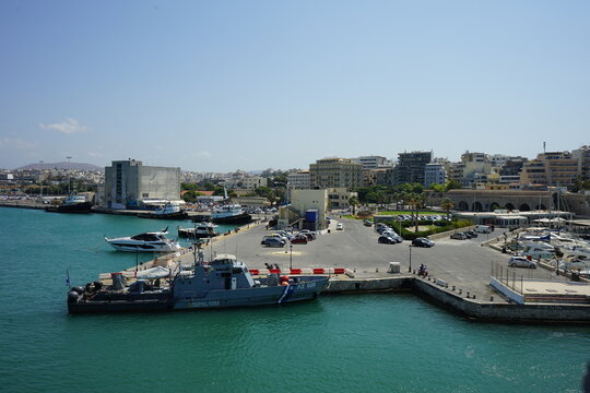 Heraklion Crete, Greece - 23 August 2021: Hellenic Coast Guard &Lambda;&Sigma;020 docked moored at Old Venetian Port