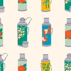 Vintage vacuum bottles. Thermos with aluminum cover and handle. Chinese retro thermo flask. Different patterns on side: flowers, fish, bloom, bamboo. Hand drawn Vector seamless Pattern