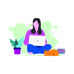 flat illustration of girl with laptop, stack of books and a cat