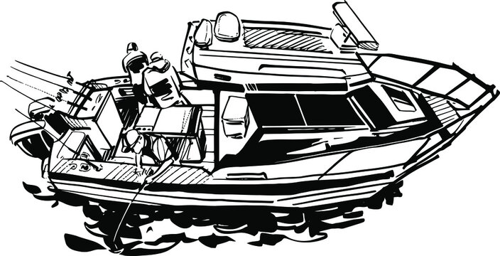 The vector illustration of the fisherman on the fishing boat in the ocean