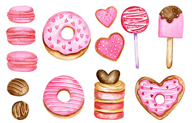 Watercolor valentine's day sweets and desserts. Hand drawn objects, isolated on white background.