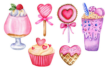Watercolor valentine's day sweets and desserts. Hand drawn objects, isolated on white background.