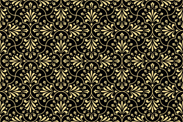Motif géométrique de fleurs. Fond vectorielle continue. Ornement doré et noir. Ornement pour tissu, papier peint, emballage. Impression décorative