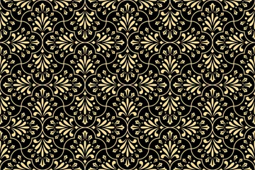 Stof per meter Geometrische bloempatroon. Naadloze vectorachtergrond. Goud en zwart ornament. Ornament voor stof, behang, verpakking. Decoratieve print © ELENA