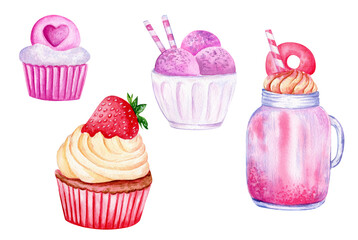 Watercolor valentine's day sweets and desserts. Hand drawn objects, isolated on white background.