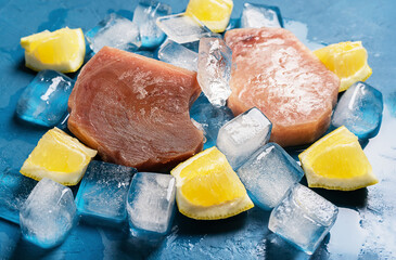 fresh tuna steak with ice and lemon