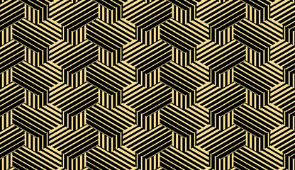 Motif géométrique abstrait avec des rayures, des lignes. Fond vectorielle continue. Ornement doré et noir. Conception graphique en treillis simple