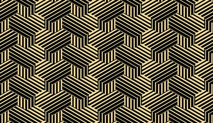 Foto op Plexiglas Zwart goud Abstract geometrisch patroon met strepen, lijnen. Naadloze vectorachtergrond. Goud en zwart ornament. Eenvoudig rooster grafisch ontwerp