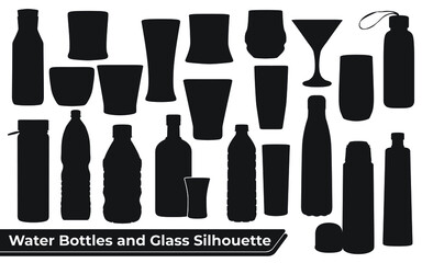 Collection of Water Bottles and Glass Silhouette vector