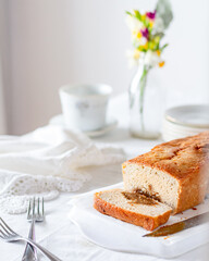 slice of  bannan cake caramel sauce