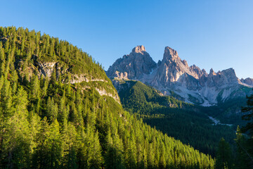 Beautiful sunrise over the mountain range at the dolimites, italy