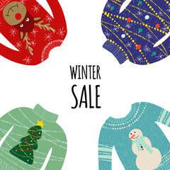 Naklejka premium Illustration of ugly sweaters on white background with Winter Sale text