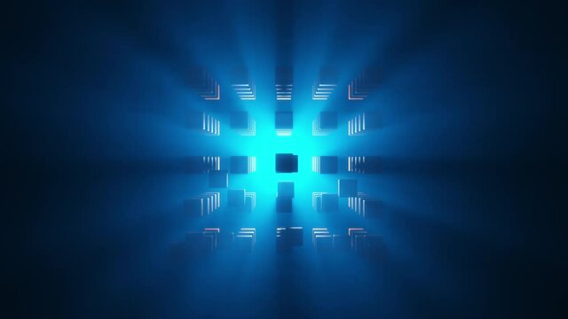 Abstract dark blue background of cubes flying in space and rays of light through the fog