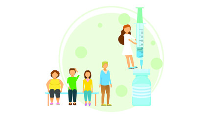 Obraz premium Abstract Flat Medic Woman Vaccinates People Cartoon People Character Concept Illustration Vector Design Style Coronavirus COVID-19 Mass Vaccination Healthcare Epidemic