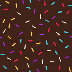 Chocolate donut glaze with sprinkles. Donut glaze seamless pattern.
