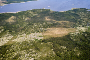 Fototapeta na wymiar Réservoir La Grande and Power Lines James Bay Northern Quebec Canada