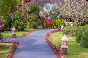 Garden path in resort with trees on tropical beach