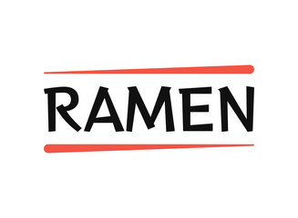 Ramen text logo with two red chopsticks. Japanese ramen soup symbol, icon for cafe, food delivery, store, or asian restaurant menu