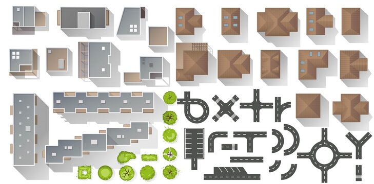 Set of elements top view for landscape design. Buildings and trees for map of City. Collection, kit of Objects. House, factory, skyscraper, hotel, manufacturing. Isolated Vector element from above