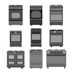 Icons of gas and electric stoves with electric ovens of various types and sizes on a white background.