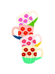 Flat vector cartoon illustration of a stack of four cups with a print in the form of flowers. Isolated design on a white background.