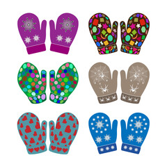 Winter mittens icon with different colors and patterns on a white background.