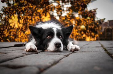 Friendly Border Collie Lies Down on Grey Cobblestone with Bokeh Lights in the Background. Cute Black and White Dog in the City.