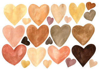 Set of beige hearts, watercolor illustration
