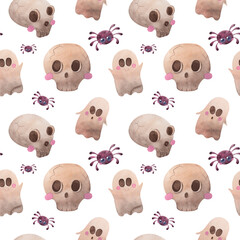 Watercolor Halloween pattern with sculls, ghost and spiders