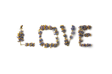 the word love from lavender twigs on a white background