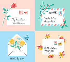 Set of four letters with seasonal greetings in modern flat style. Envelopes with colorful postage stamps, flowers and leaves. Vector illustration for Valentine's Day, Christmas, spring and autumn.