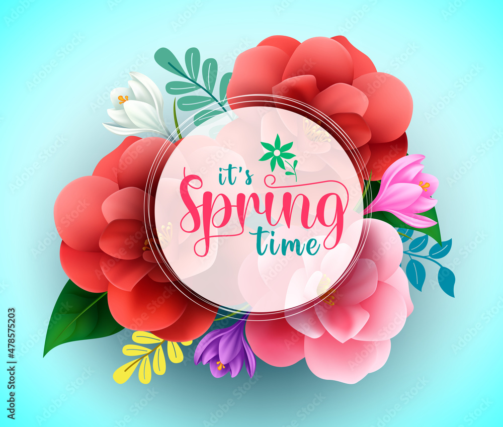 Poster spring season vector template design. it's spring time typography text in circle space with camellia