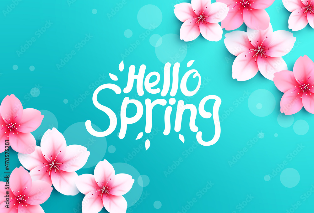 Poster spring cherry blossom vector background design. hello spring greeting text with sakura flowers in bl