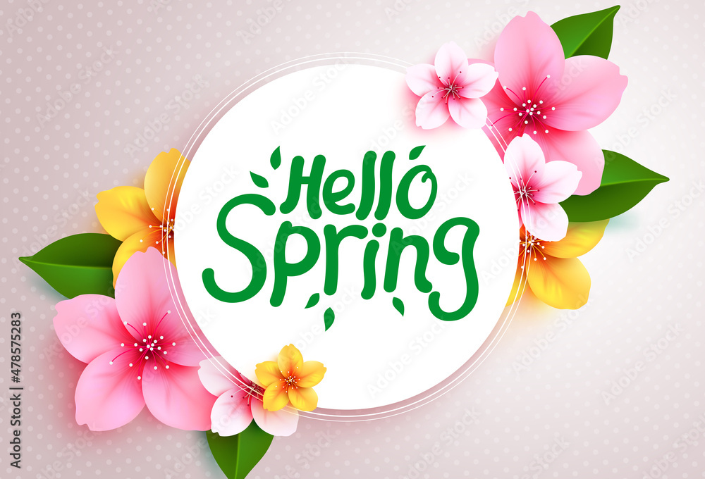 Poster spring greeting vector template design. hello spring text in white circle space with cherry blossom 