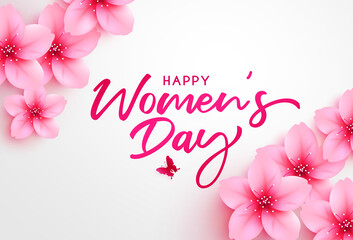 Women's day vector background design. Happy women's day typography text with pink cherry blossom flowers element in white space for female celebration greeting. Vector illustration. 