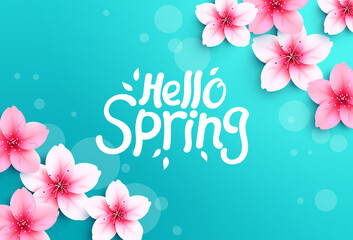 Spring cherry blossom vector background design. Hello spring greeting text with sakura flowers in blue bokeh lights background for floral bloom season celebration. Vector illustration.  © Zeinous