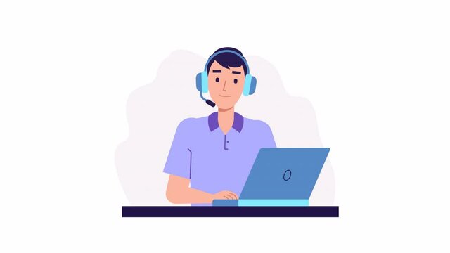 Call center operator male character animation, hotline flat cartoon design. Smiling office worker with headset, computer. online customer support. Assistant callback client Help center. home office