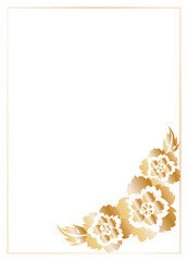 Rectangular frame-template, decorated in the corner with a bouquet of decorative flowers of golden peonies on a white background. Place for your text.