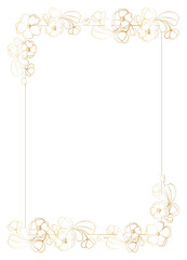 Rectangular frame template decorated with sakura, cherry, almond flowers. Bright shining golden gradient color on a white background.