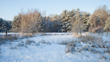 Winter landscape with heavy snowfall -  white frosty lake, icy water. Beautiful background with...