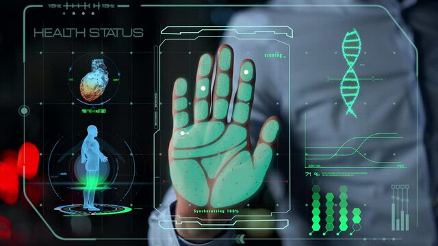 Futuristic health hand scanner identify user checking status show info closeup
