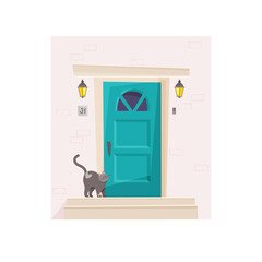 Entrance to the house. Porch and steps. A domestic cat walks along the porch. The pet wants to enter the house. The animal is calm and quite resting near the house. Flat vector illustration.