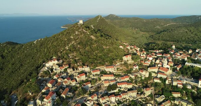 Aerial view of Lastovo, a small town on hill top near the coastline, Dubrovnik province, Croatia.