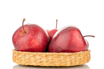 Three organic sweet, red apples on a plate of straw, close-up, isolated on white.