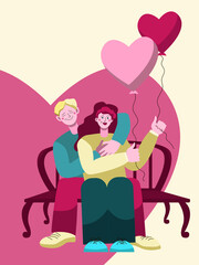 Valentine's day card with young couple hugging and holding heart shaped baloons in modern flat style. 