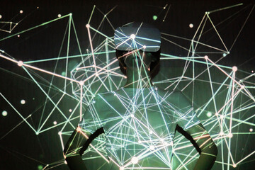 Visualization of metadata. Woman in VR glasses. Virtual reality in a helmet