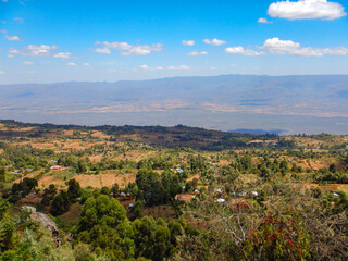 Fototapeta na wymiar Aerial view of valley amidst mountains in Iten Township in rural Kenya