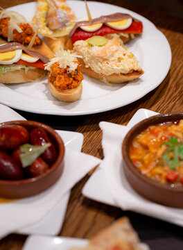 Variety of Tapas in a Restaurant in Santiago the Compostela, Spain.